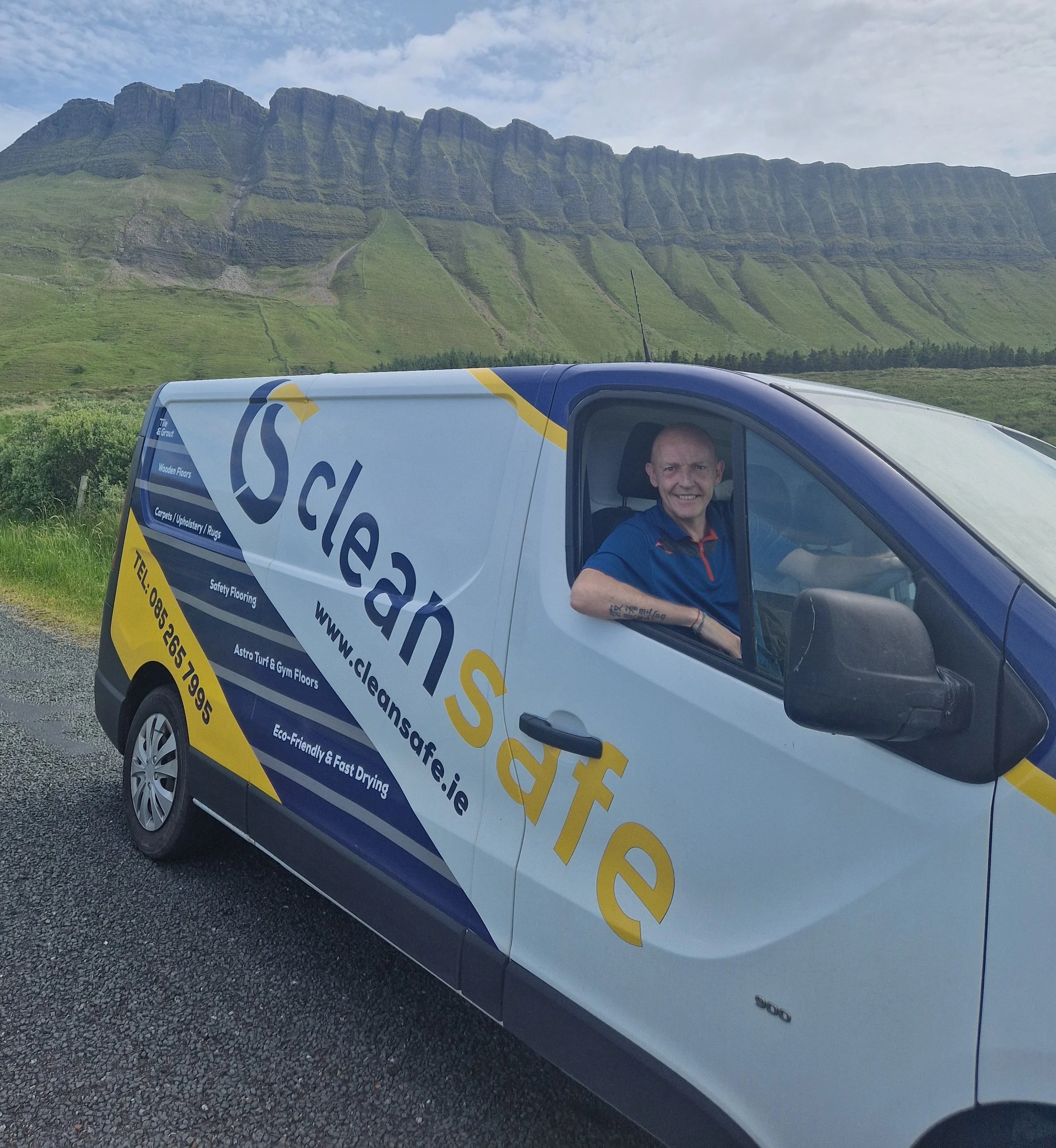 Paddy with the Cleansafe van under Benbulben
