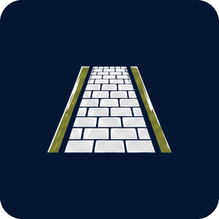 A digital illustration of a pathway with white bricks bordered by greenery on both sides, leading into a dark background.