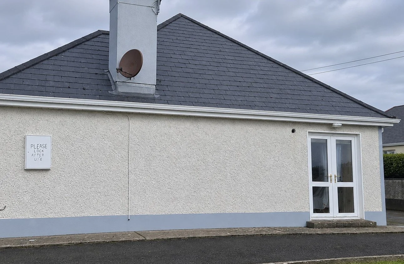 Red algae and organic growth on exterior render before biocide treatment