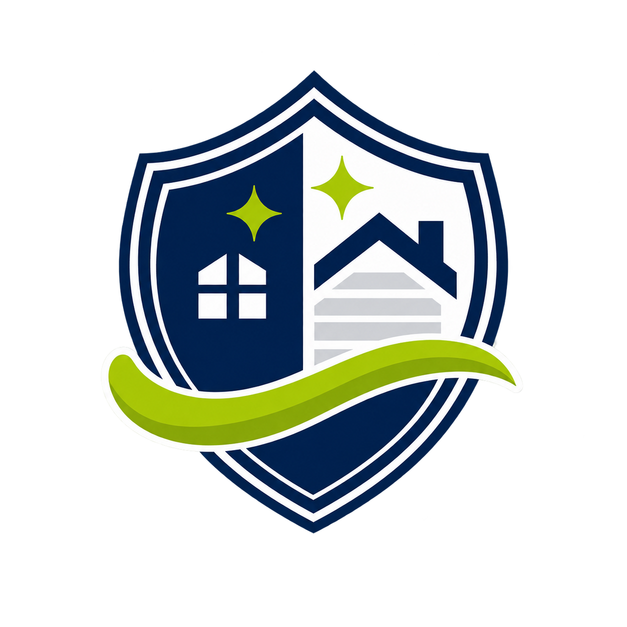 A shield-shaped logo divided into two halves. The left side has a white house with a window and a star above, set against a dark blue background. The right side has stylized gray waves and a house with a dark roof and gray windows, set against a white background. A green curved banner stretches across the bottom of the shield.