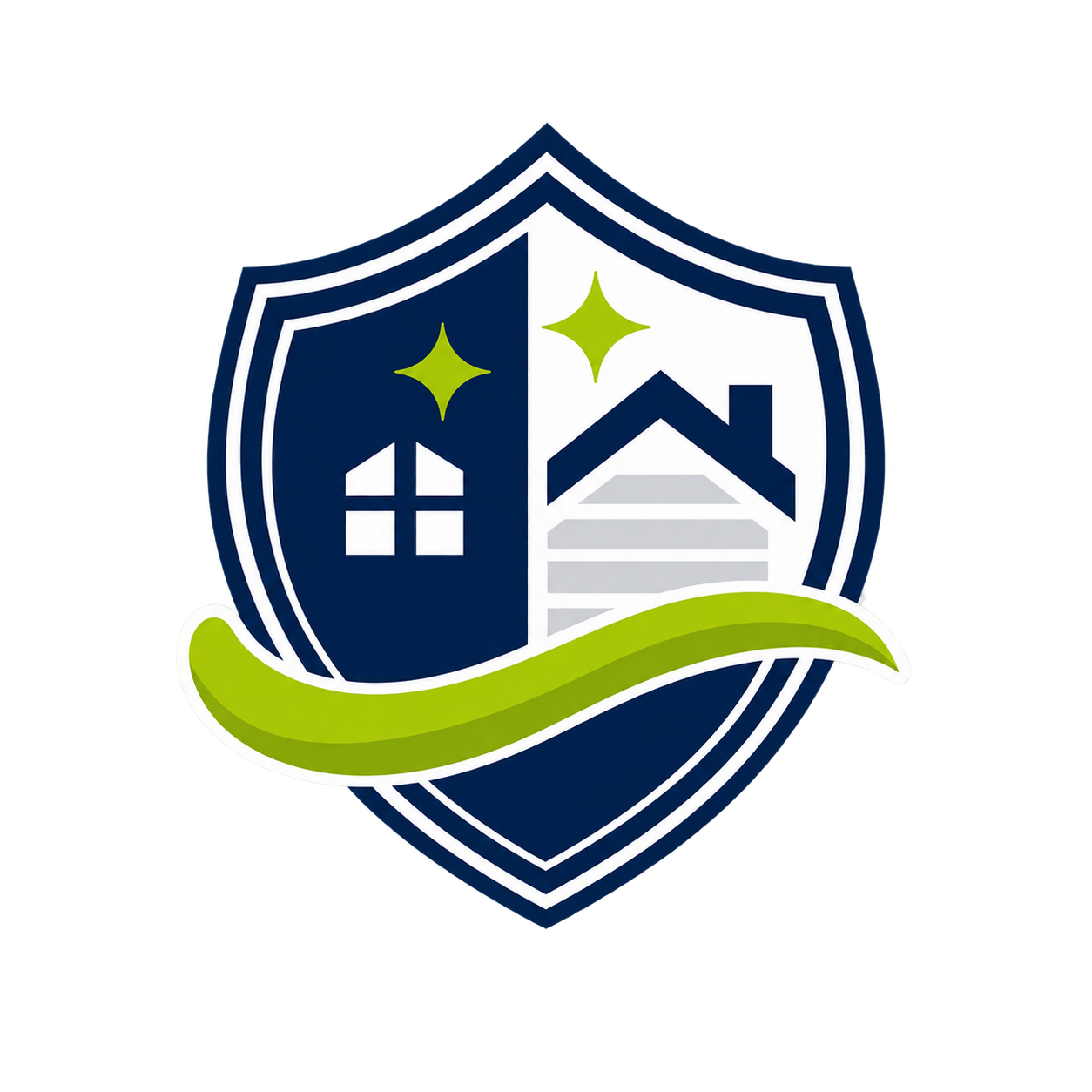 A shield divided into two halves with house icons, stars, and a green swoosh.