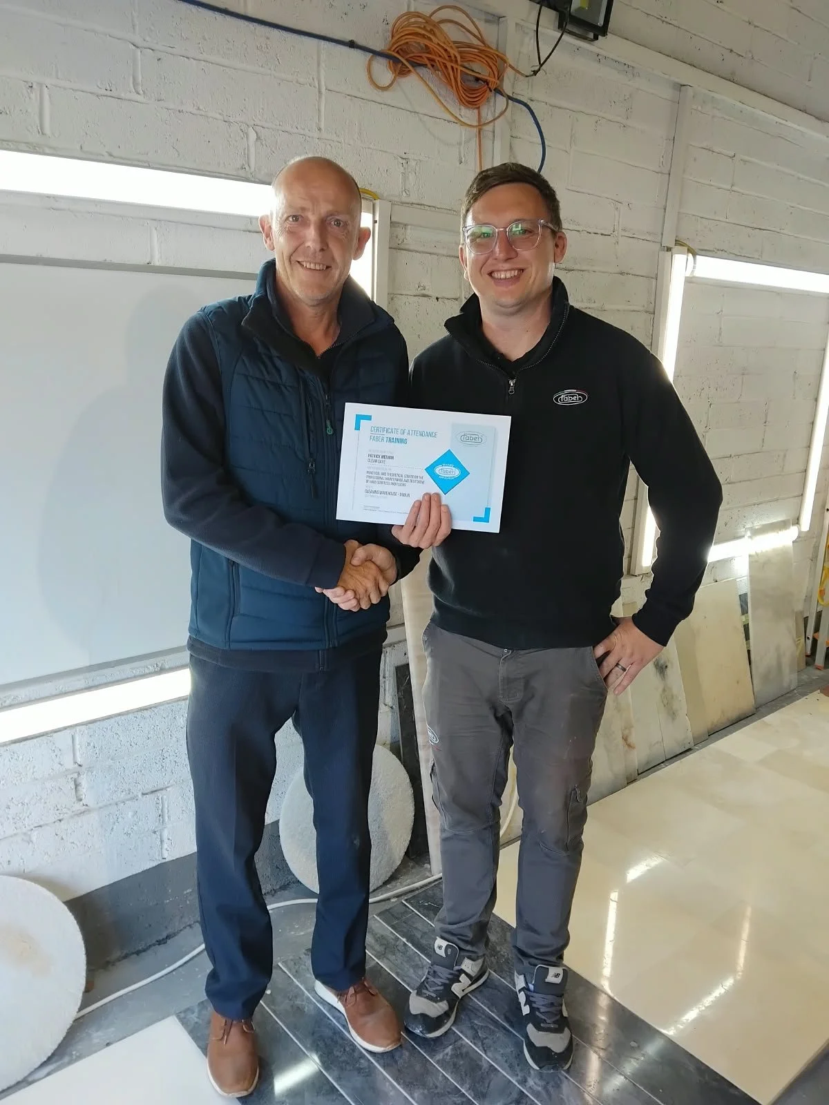CleanSafe's Paddy Meehan receiving his Faber Professional Stone Care training certificate in Dublin
