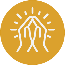 Hands in a praying position with radiating lines around them, on a gold background.