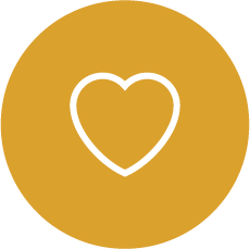 White outline of a heart inside a gold-colored circle