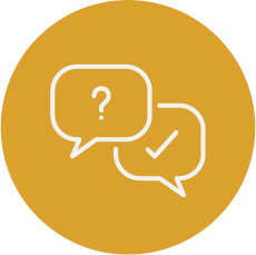 Two speech bubbles, one with a question mark and the other with a check mark, on a gold circular background.