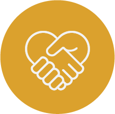 Icon of two hands shaking inside a heart outline on a gold background
