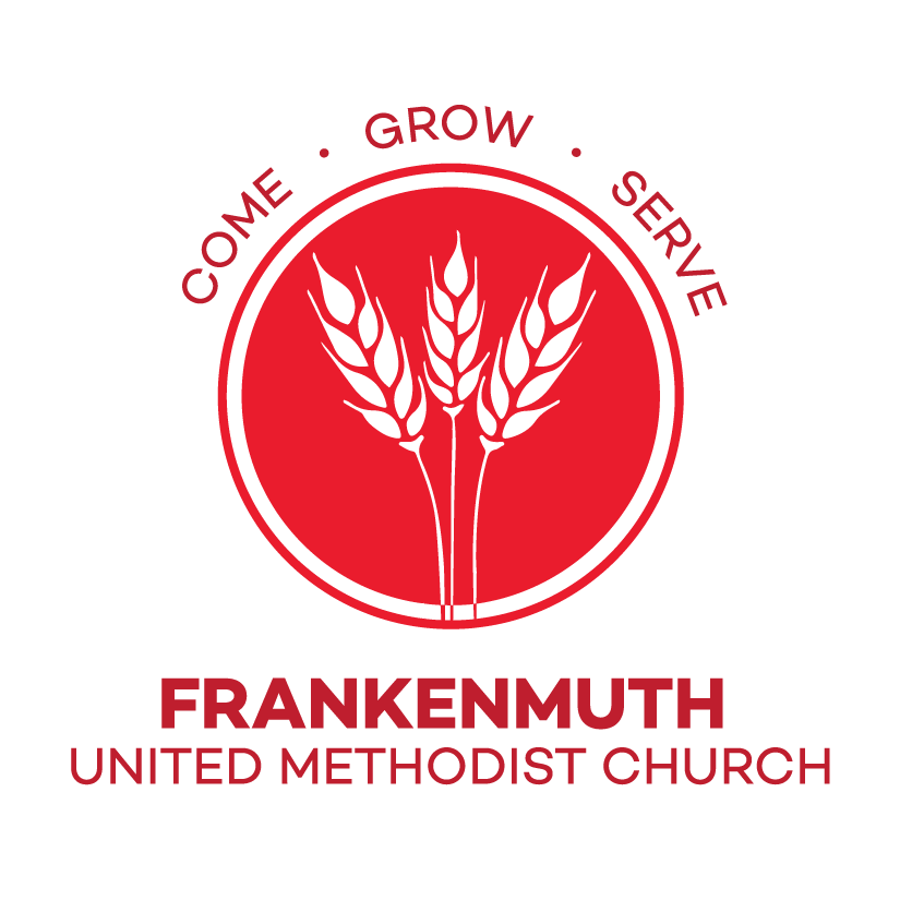 Logo of Frankenmuth United Methodist Church with a red circle containing a black wheat stalk design and the words "Come Grow Serve".