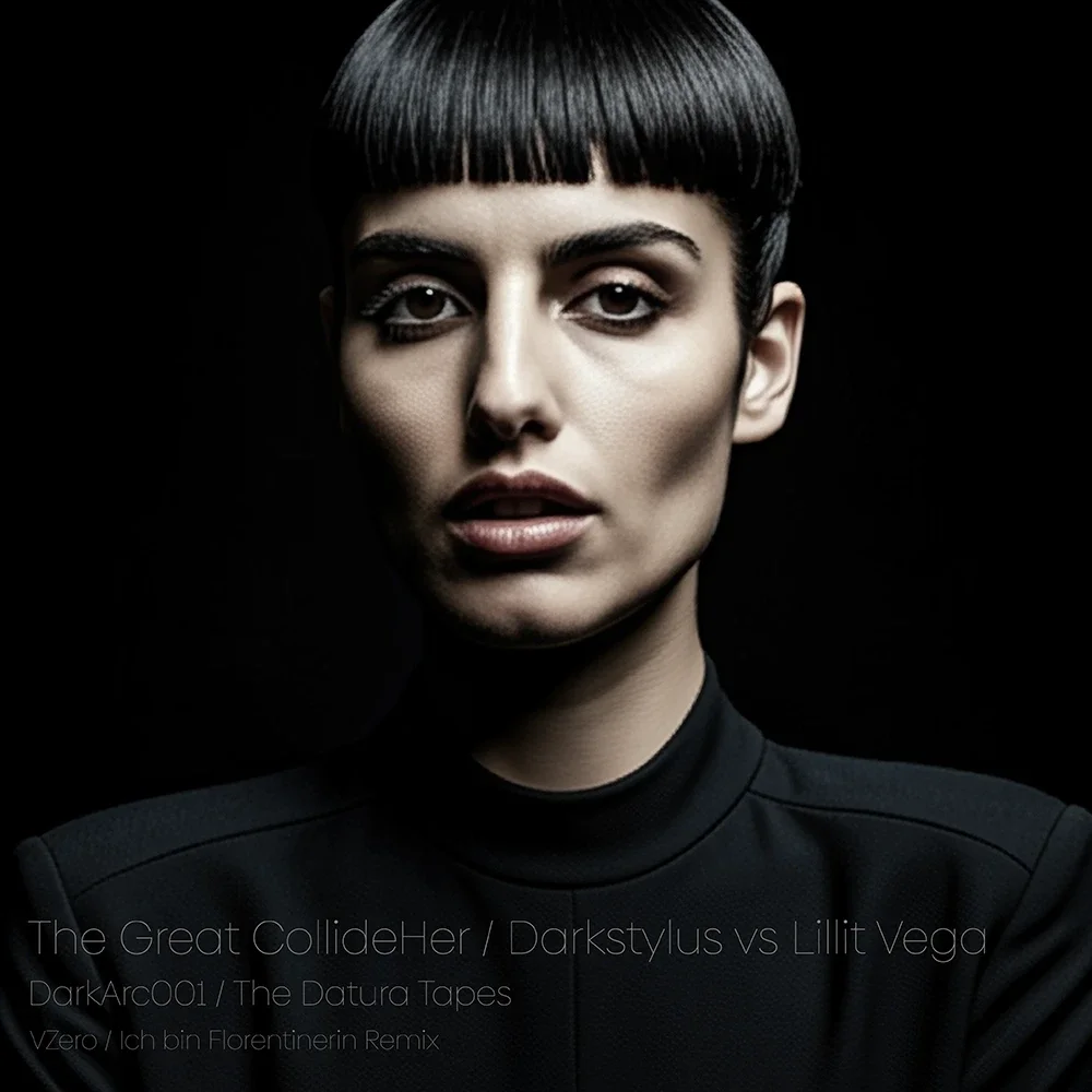 Portrait of a woman with short black hair, wearing a black outfit against a dark background.
