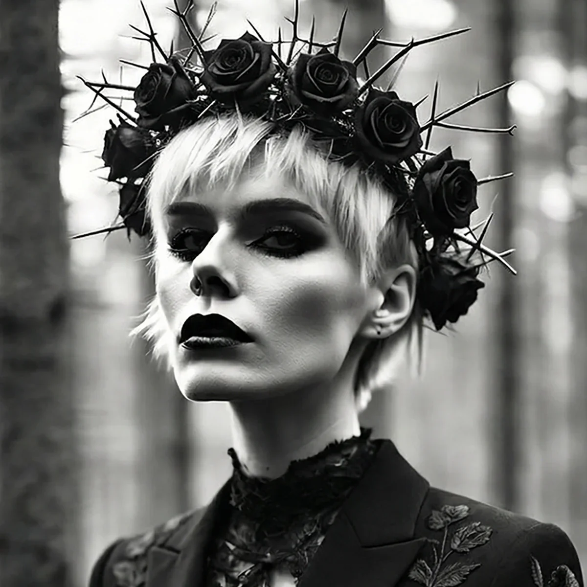 Black and white portrait of a woman with short platinum hair, dark makeup, and a crown of black roses and thorns on her head.
