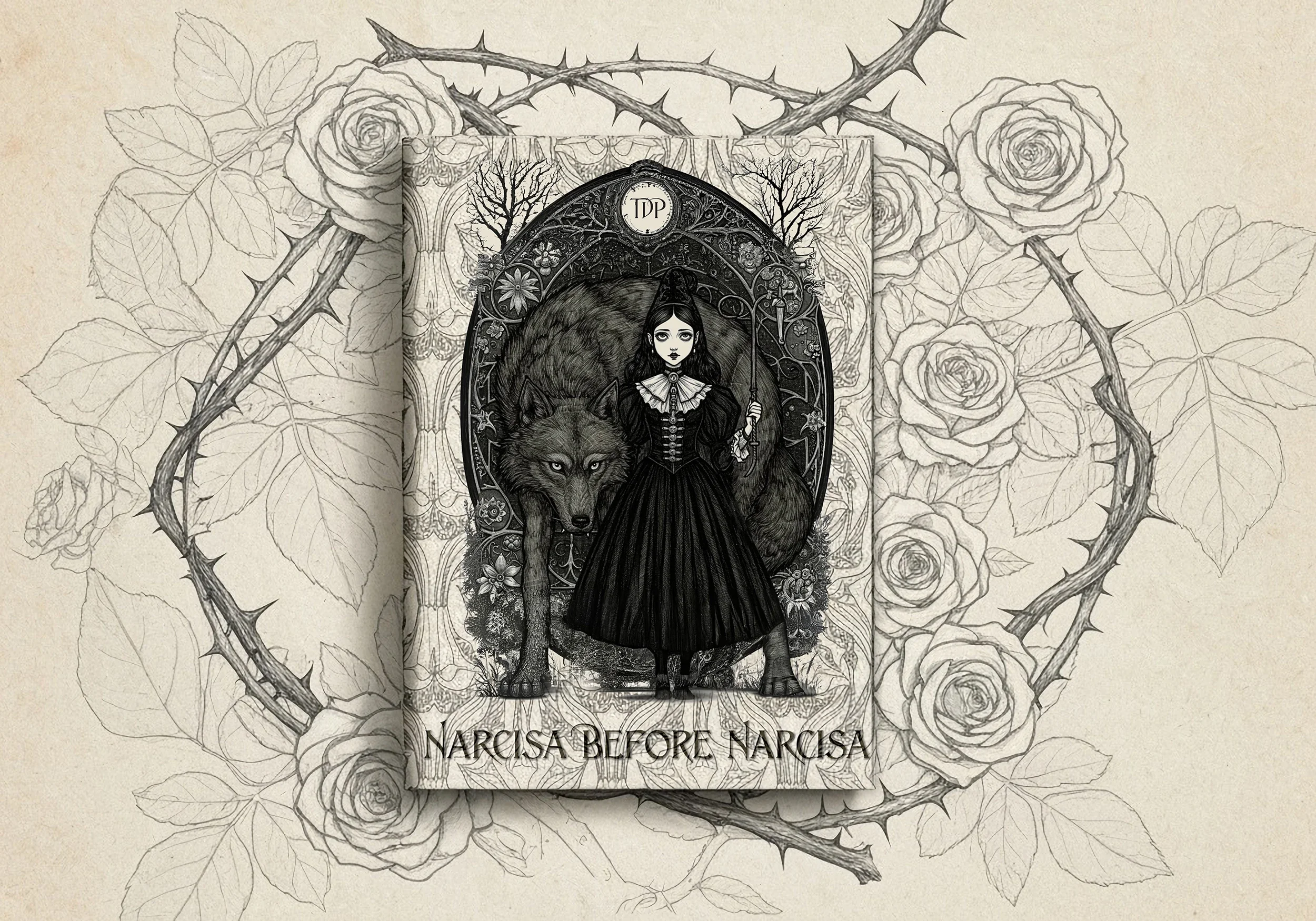 A tarot card titled "Narcisa Before Narcisa" featuring a young woman in a black Victorian dress, holding a scale, standing beside a large wolf with a thick fur coat, surrounded by intricate decorative patterns and a dark, tree-lined background.