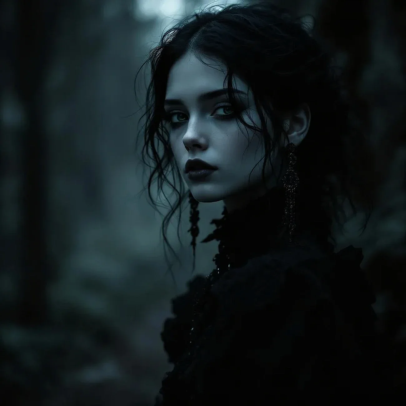 A black and white illustration featuring a gothic-style young woman with long, wavy hair, wearing a detailed Victorian dress, and a large wolf in the background. The scene includes intricate floral and vine patterns around them, with a dark forest in the backdrop.