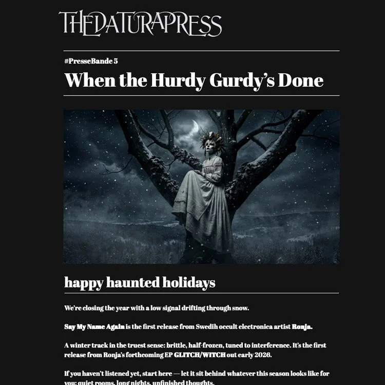 Black and white illustration of a gothic girl in a dress with a wolf and a forest background, with ornate decorative borders.