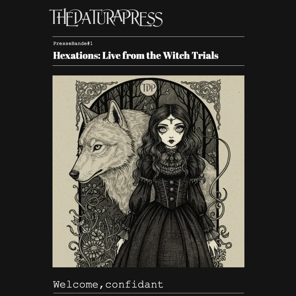 Black and white illustration of a gothic girl in a dress with a wolf and a forest background, with ornate decorative borders.