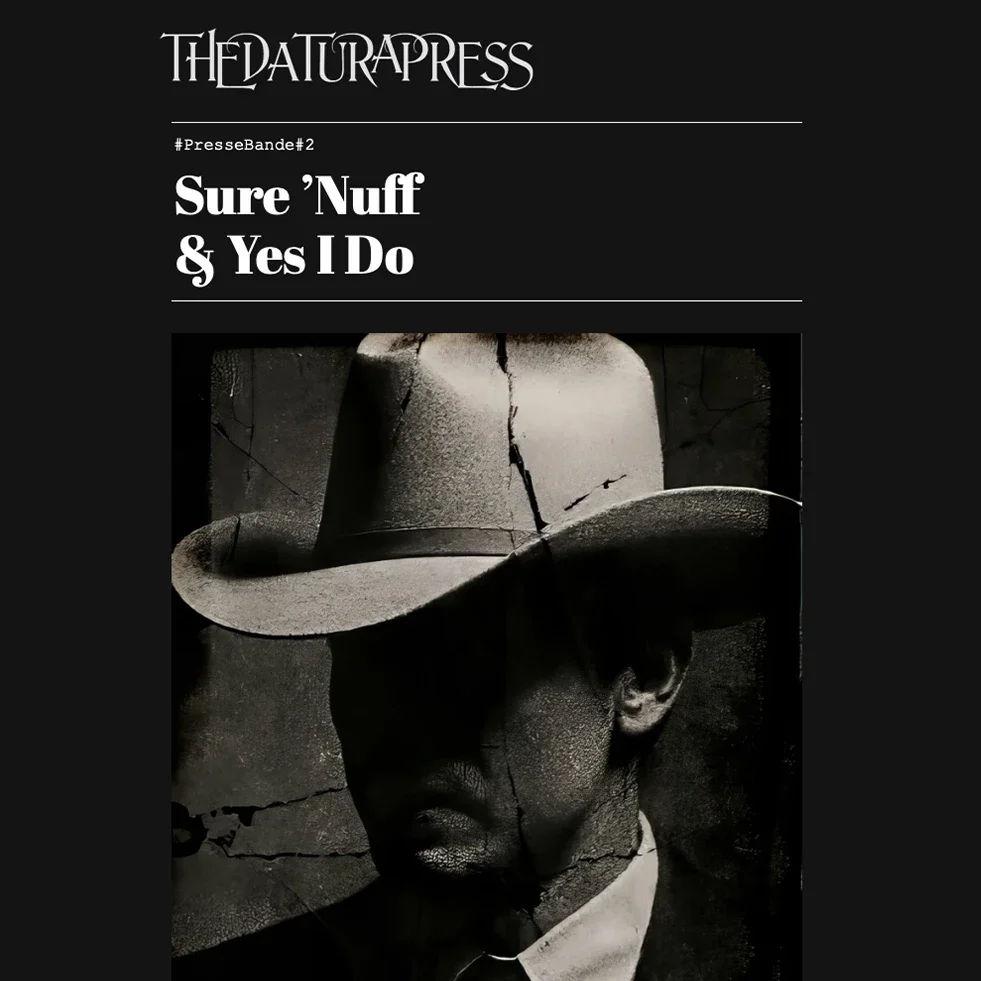 A black and white image featuring a person wearing a cowboy hat that covers part of their face, with a cracked texture overlay.