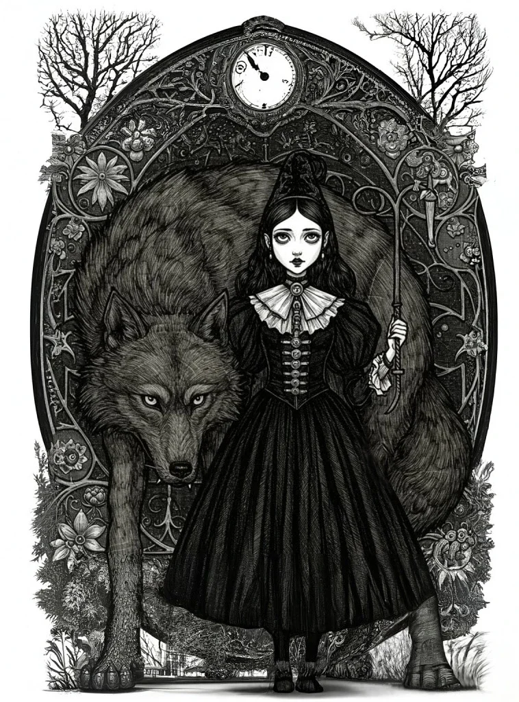 A black and white illustration of a gothic girl standing in front of a wolf and a large tree, with ornate floral and vine decorations surrounding them and a clock at the top showing nearly midnight.