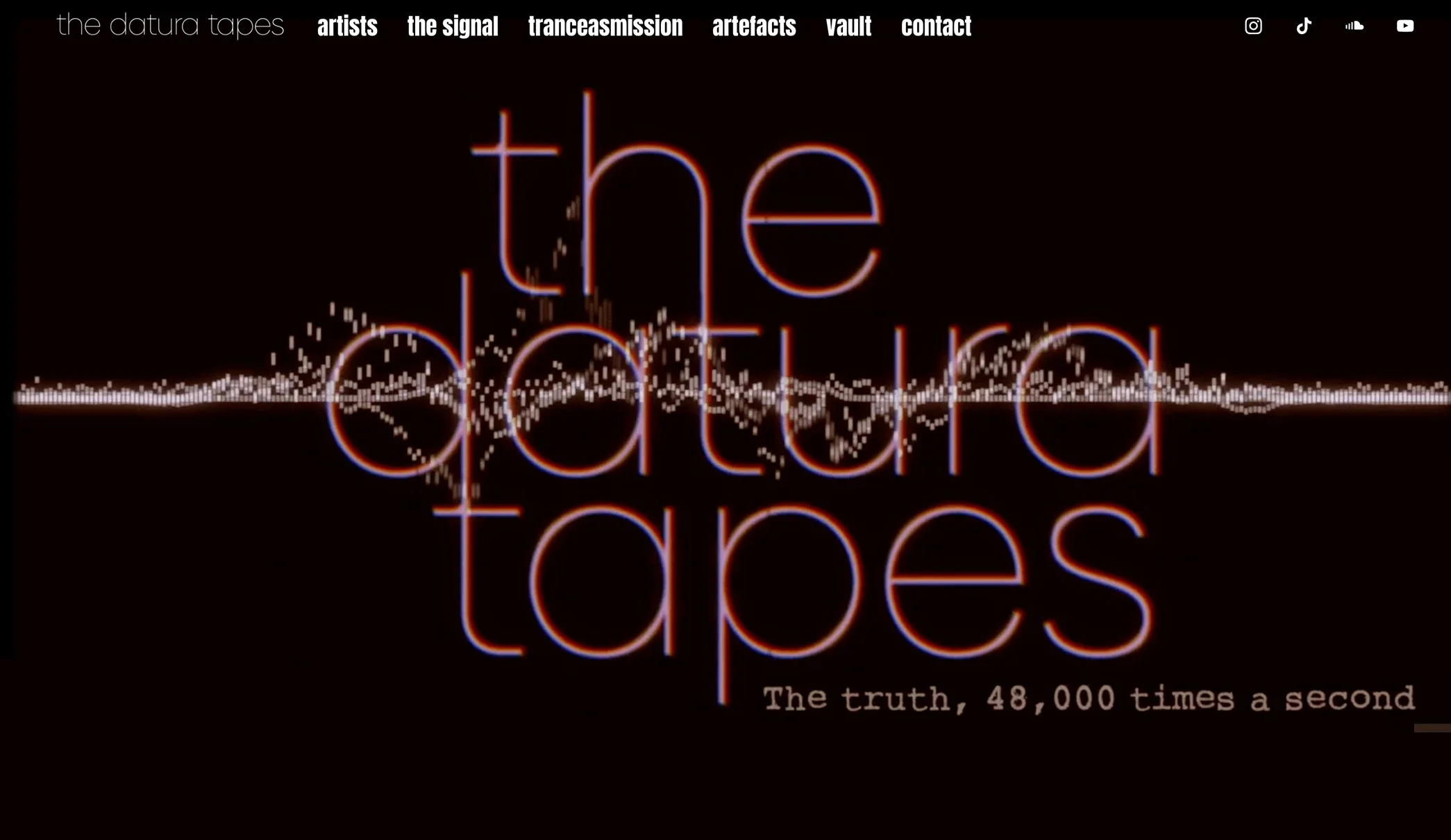 A digital art piece with neon-style text reading 'the truth' and 'tapes' against a black background, with a waveform below the text and small white dots representing data points or noise.