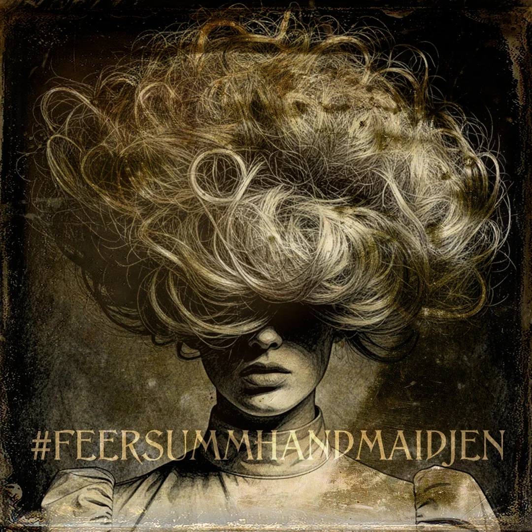 A stylized drawing of a woman with her hair obscuring her face, and the hashtag #FEERSUMHANDMAIDEN written at the bottom.