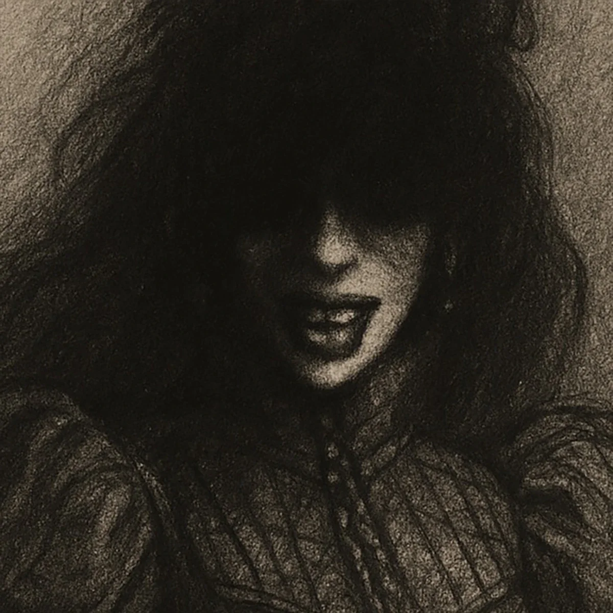 A black and white illustration of a long, arched library corridor with bookshelves on both sides, a person walking towards an arched door at the end, and ornate tables along the corridor.