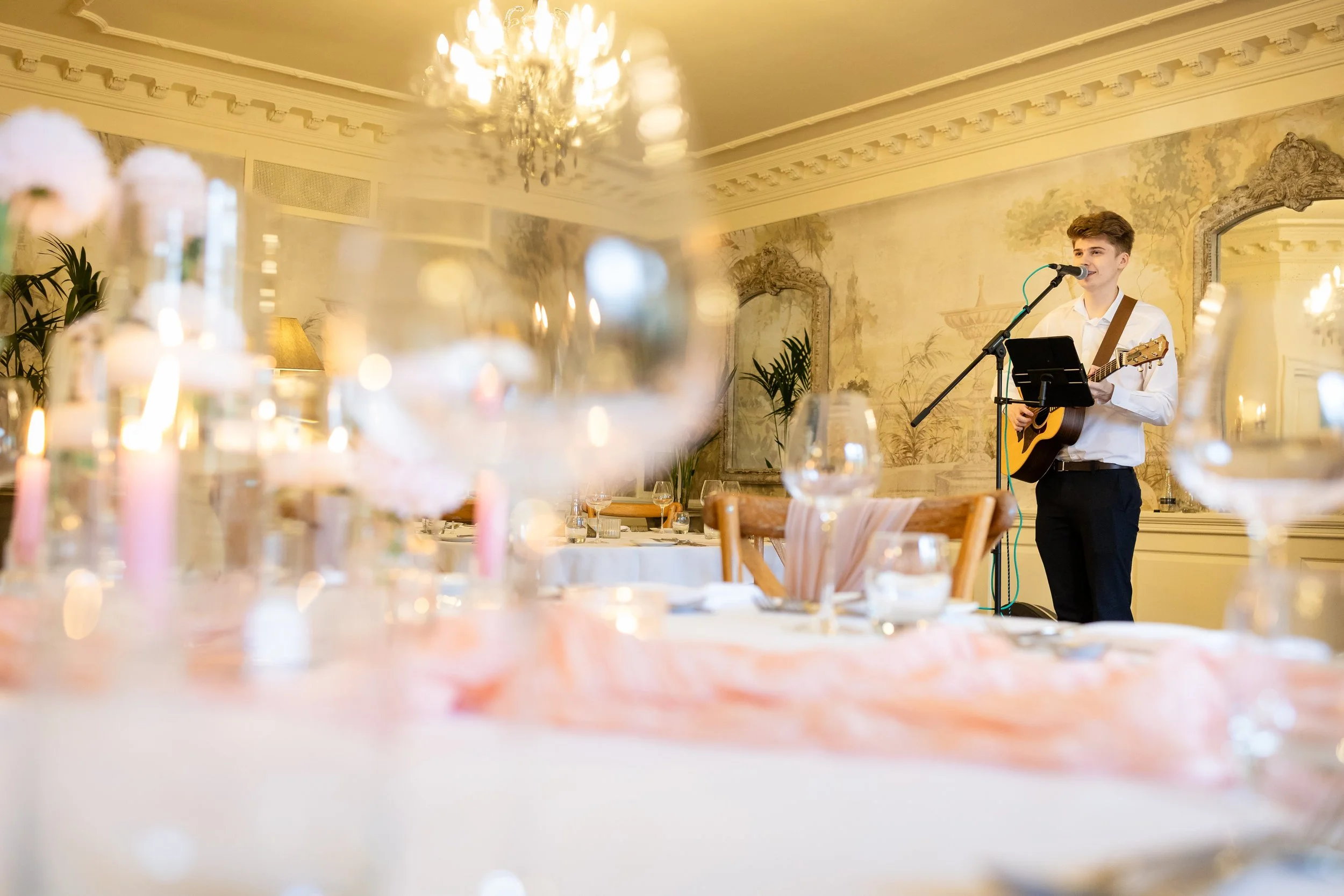 Oscar Flanagan singing at Eaves Hall wedding showcase