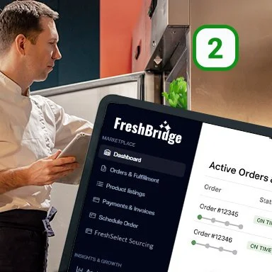 A man using a touchscreen device displaying the FreshBridge marketplace platform with active orders, in a professional setting.