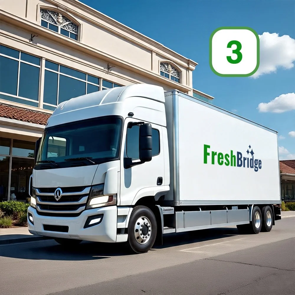 White delivery truck with FreshBridge logo parked on street in front of a building with large windows, under a partly cloudy sky.