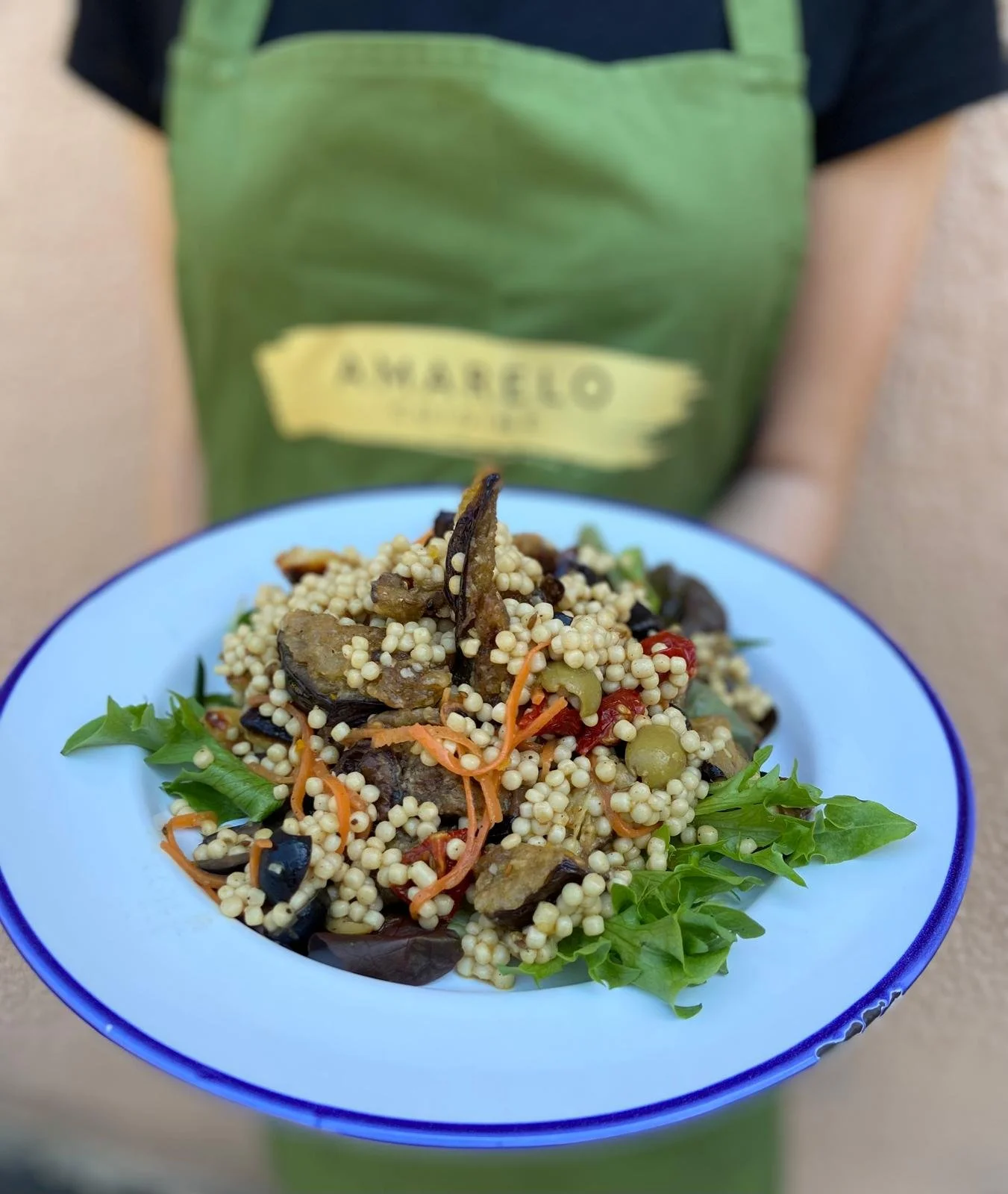 A person wearing a green apron holding a white plate with a couscous salad containing vegetables like carrots, olives, and eggplant, garnished with leafy greens.