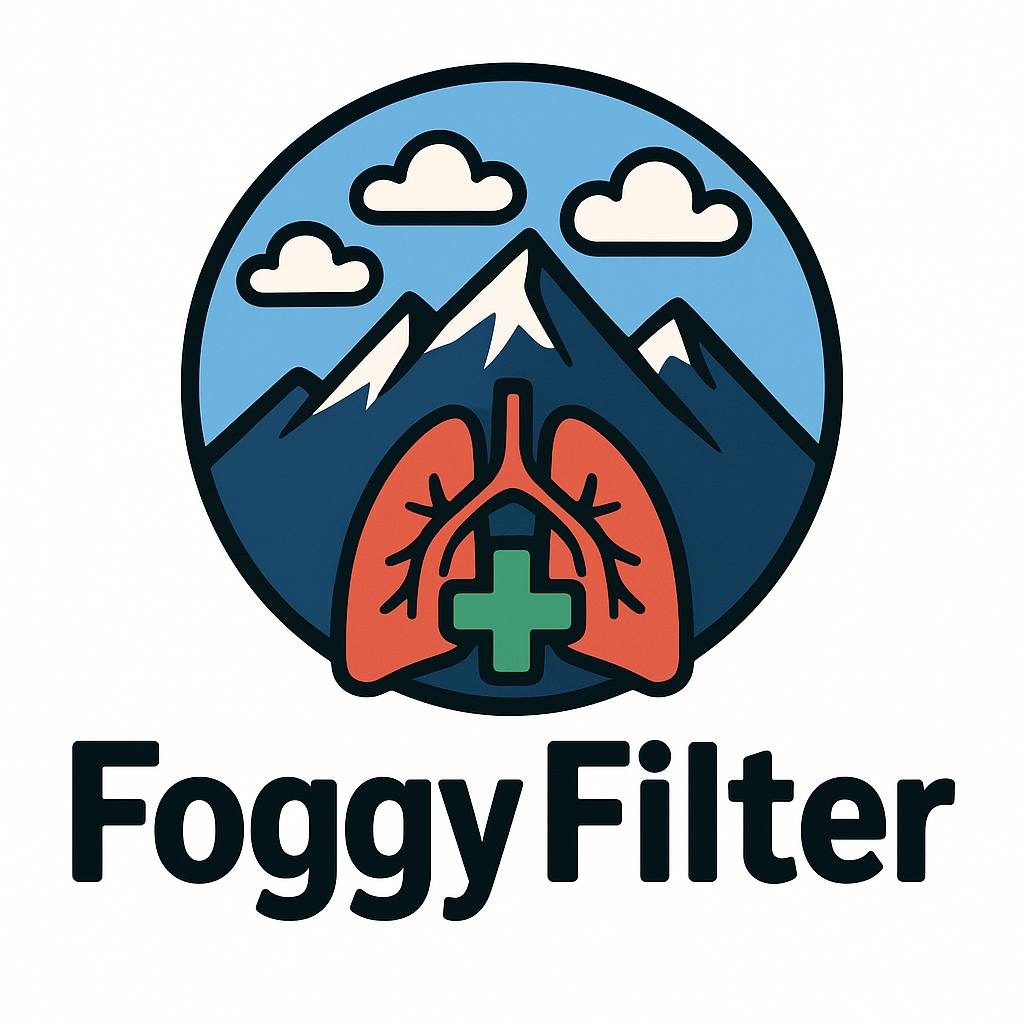 A logo featuring mountain peaks, clouds, and stylized lungs with a medical cross, and the text "Foggy Filter" underneath.