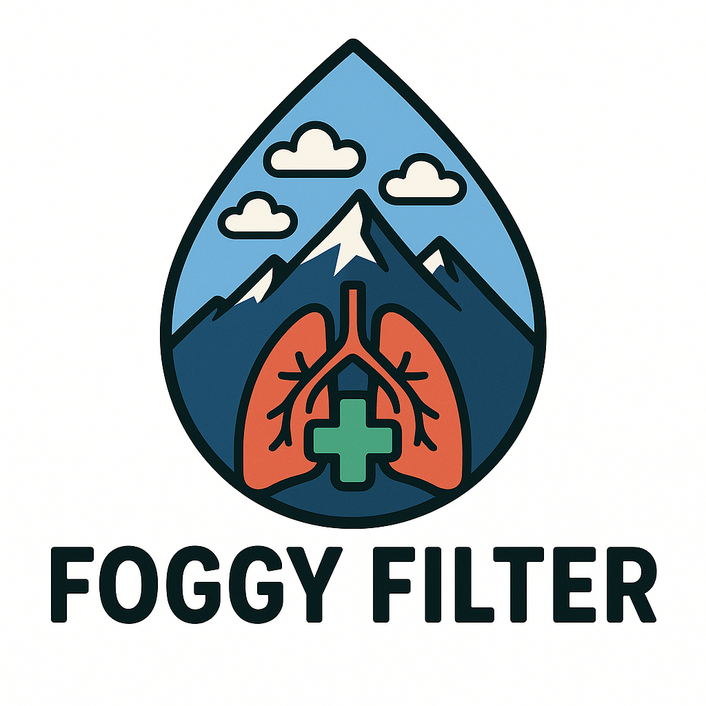 A logo featuring mountains, clouds, and lungs with a medical cross, with the text "FOGGY FILTER" below.
