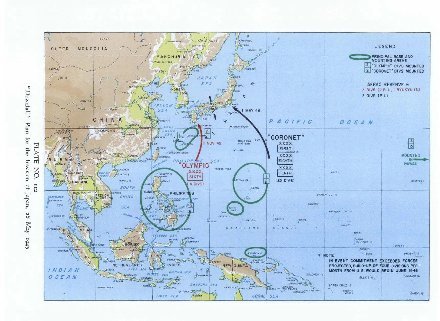 Map showing planned locations and divisions for U.S. military invasions in Japan, Korea, Philippines, and Pacific Islands during 1945, with marked bases, dates, and troop details.