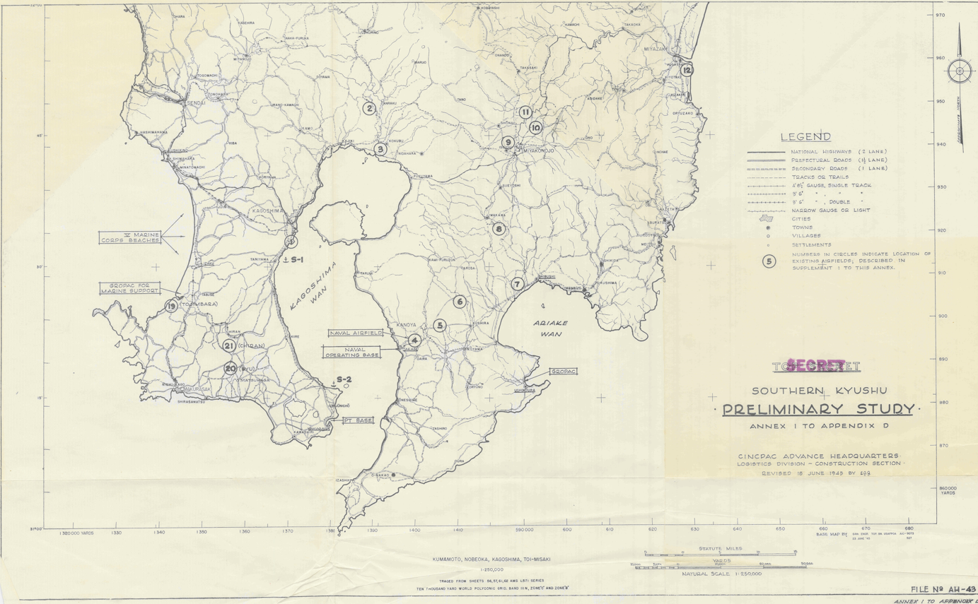 A historical map of southern Kyushu, Japan, from a 1945 military study, showing roads, airfields, and military installations, with location markers and a legend.