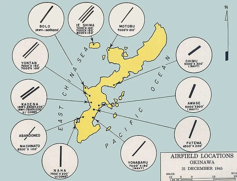 Map of Okinawa with airfield locations marked and their runway details listed in circles.