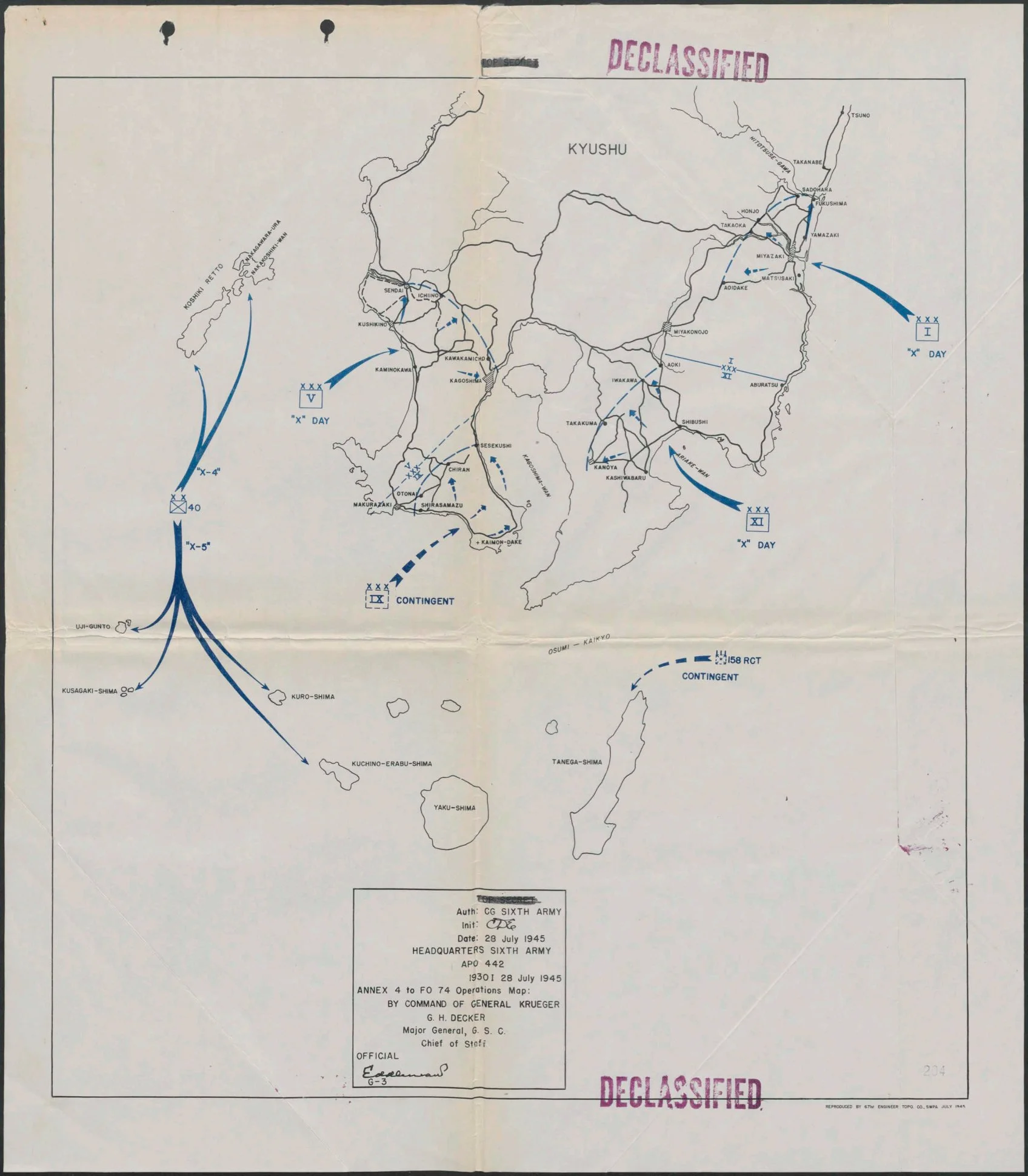 A military operations map of Japan from July 28, 1945, showing various locations, troop movements, and annotations with some areas labeled as 'Declassified'.