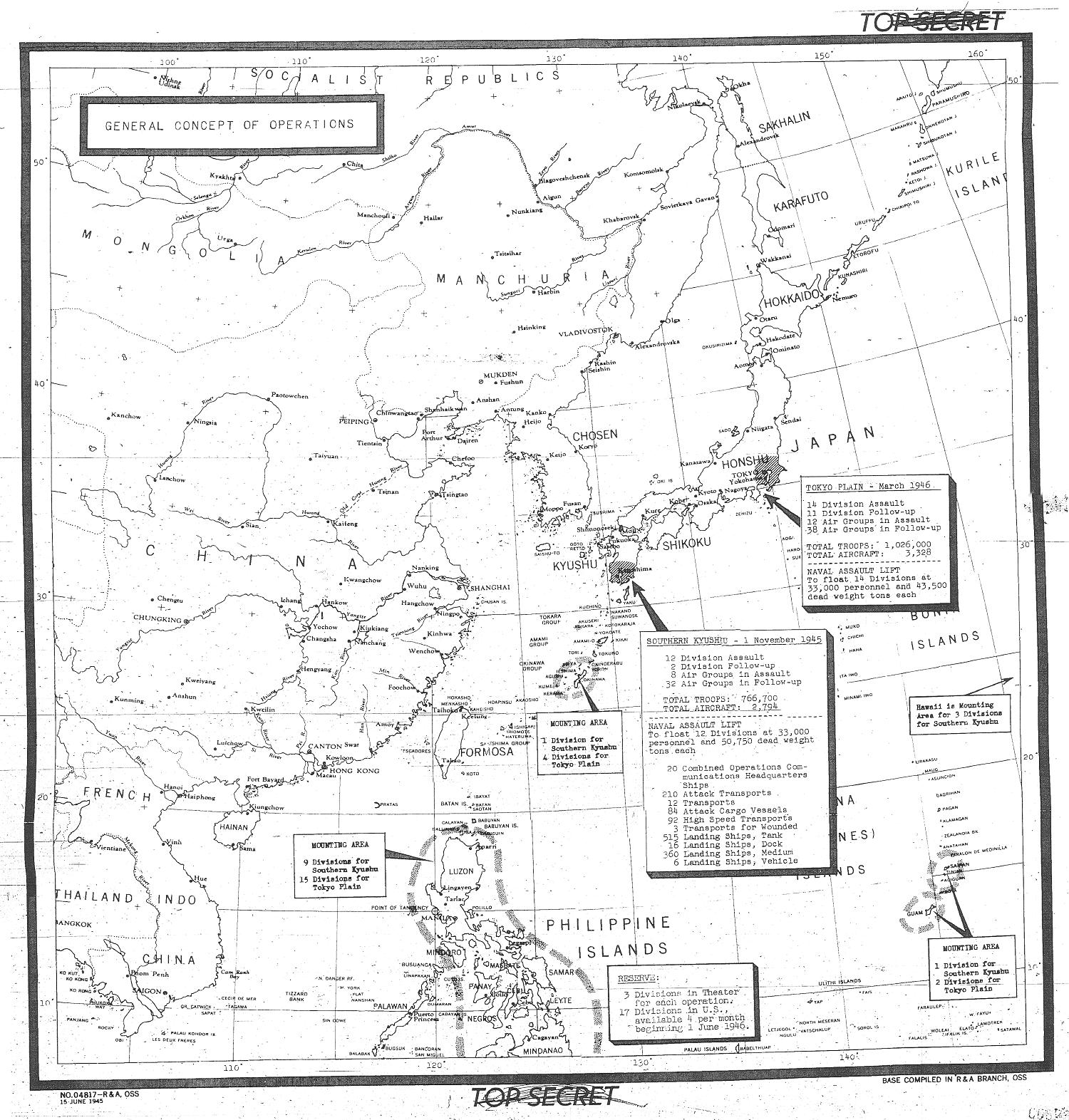 A black-and-white map of Asia and the Pacific with military operation details for Japan and surrounding regions, marked with annotations including 'TOP SECRET' and specific unit descriptions from March 1946.