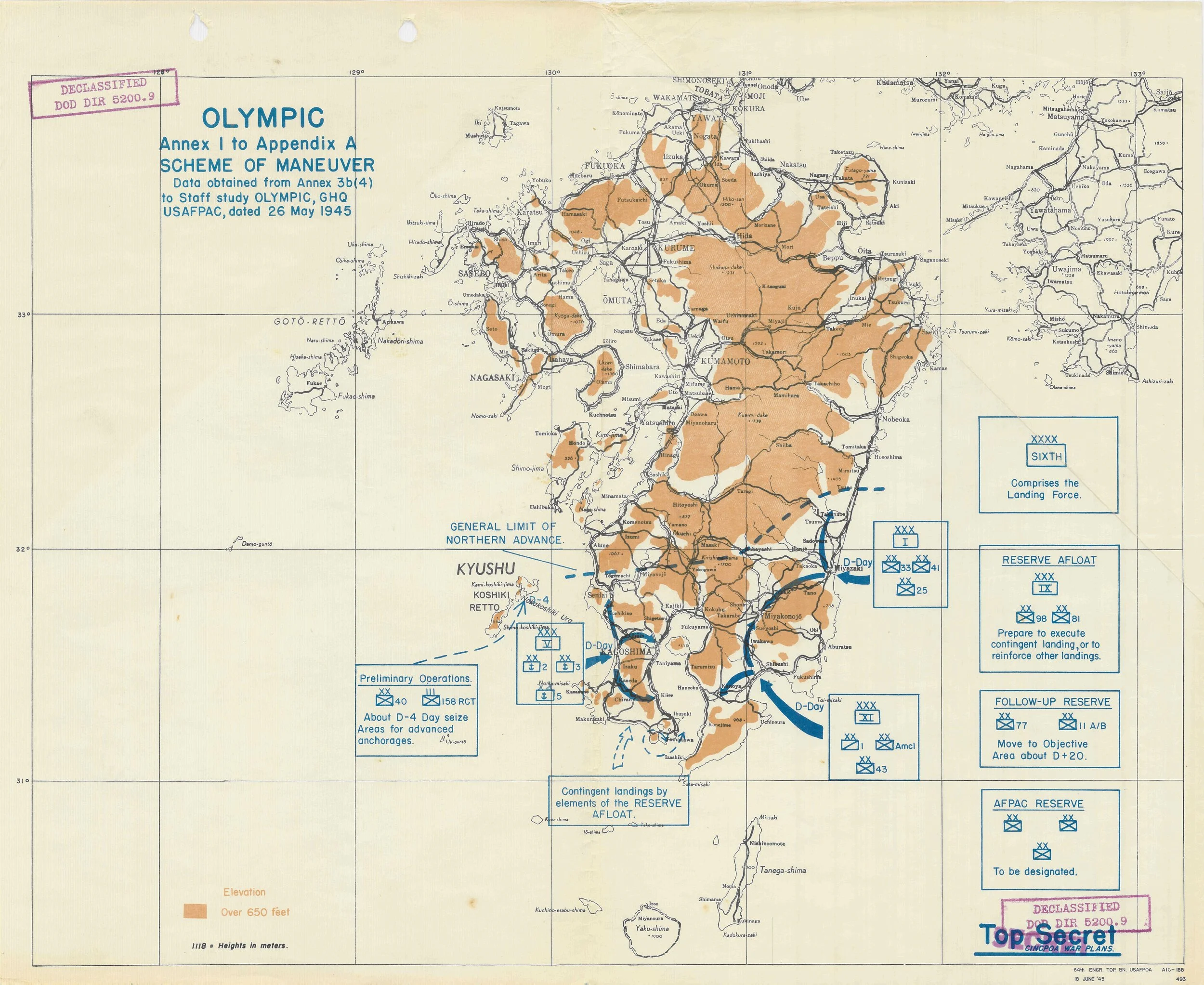 Historical military map of Japan from 1945, showing regions, roads, and elevation levels with annotations about troop movements and strategic planning during World War II.