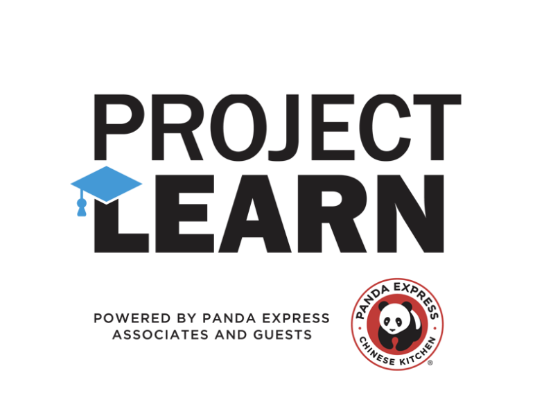 Logo for Project Learn, powered by Panda Express Chinese Kitchen, featuring a blue graduation cap and panda logo.