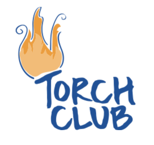 A logo featuring a stylized orange torch with blue outlines and the words 'Torch Club' written in blue underneath.