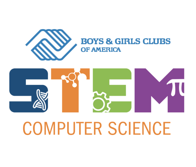 Logo for Boys & Girls Clubs of America STEM Computer Science program featuring colorful letters, gears, DNA helix, and science symbols.
