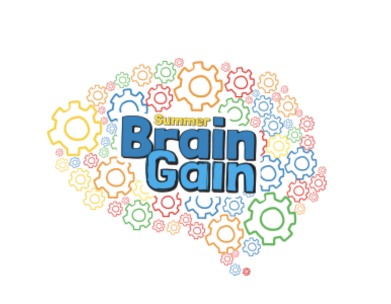 Colorful gears surrounding the words "Summer Brain Gain" in bold blue and yellow text.