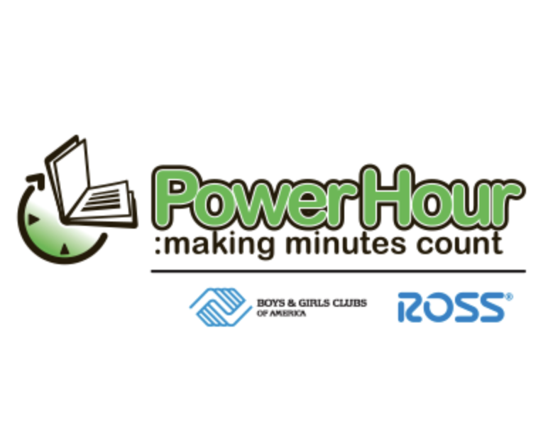 Power Hour logo with a clock and calendar icon, Boy & Girls Clubs of America and Ross logos, slogan 'making minutes count'.