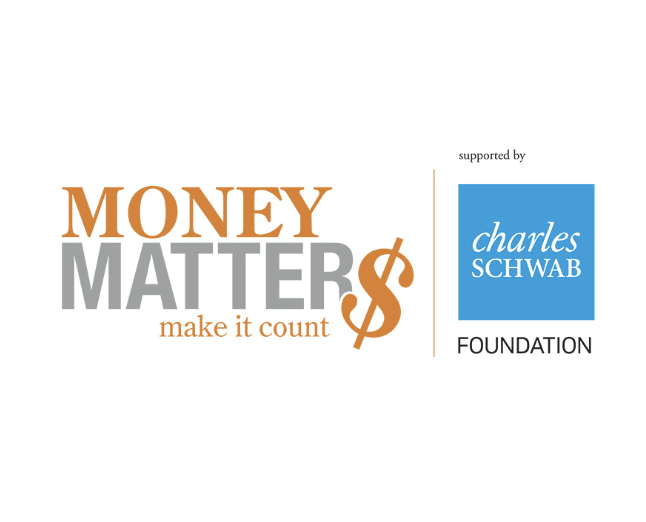 Logo with the text "Money Matters" and the tagline "make it count" supported by the Charles Schwab Foundation. The word "Money" is in large orange font, "Matters" in gray, and a stylized dollar sign replaces the "S".