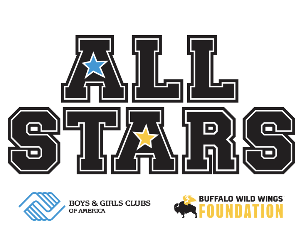 Logo with bold black letters spelling "All Stars" with blue and yellow stars, logos of Boys & Girls Clubs of America and Buffalo Wild Wings Foundation.