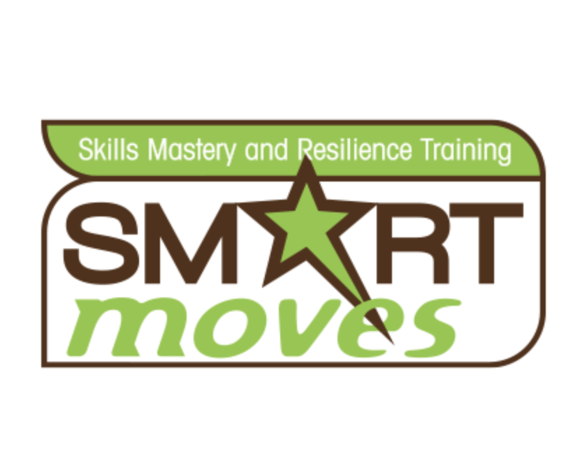 Logo for SMART Moves with text 'Skills Mastery and Resilience Training' in a green banner, featuring a stylized green star with a tail and the words 'SMART moves' in bold brown and green letters.