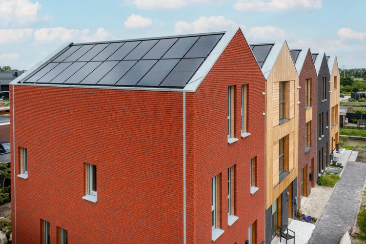 Row of new build homes with in-roof solar mounting