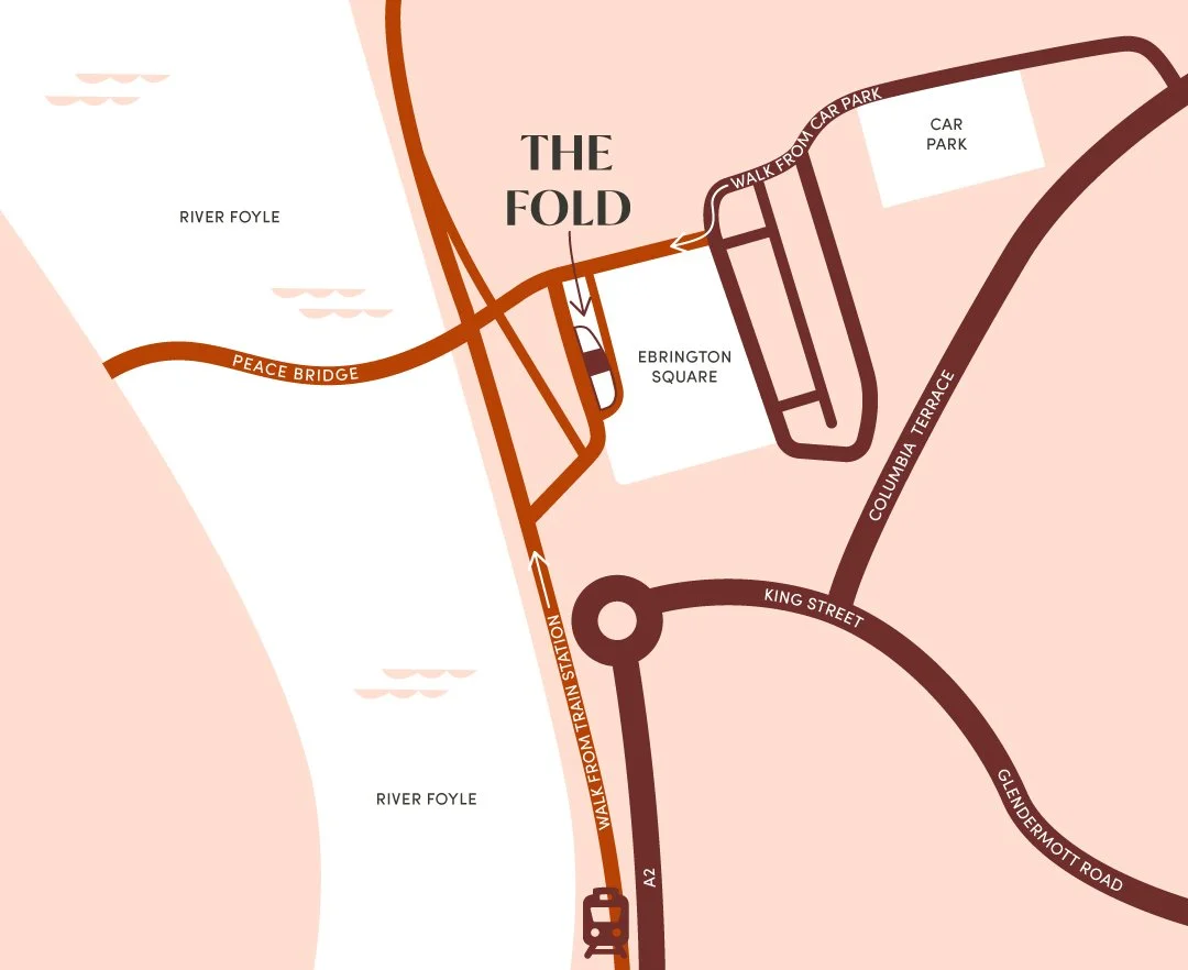 Map of The Fold area showing roads, parks, and landmarks including River Foyle, Peace Bridge, Ebrington Square, walk from car park, car park, Columbia Terrace, Gildermott Road, King Street, Walk from train station, and route to the train station.