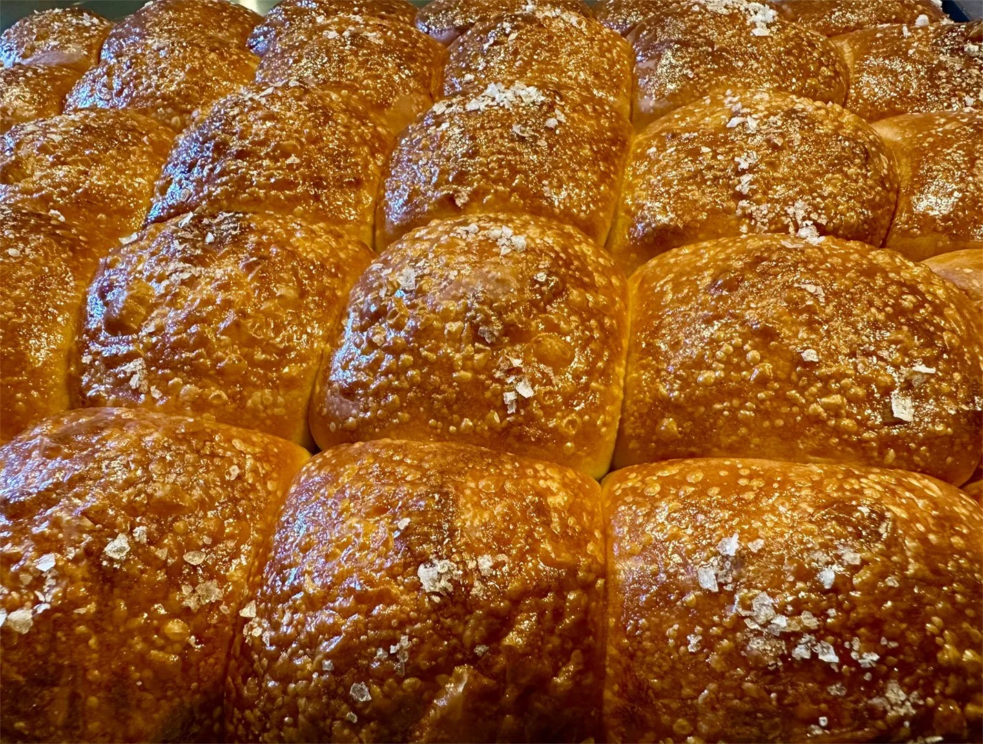 Close-up of a tray of freshly baked milk bread buns.