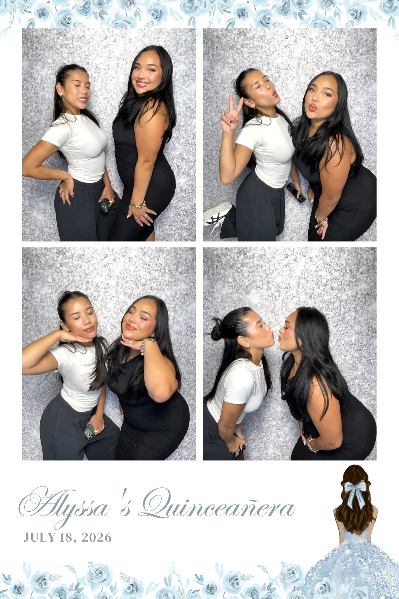 A collage of four photos showing two women posing playfully and affectionately against a silver glittery background. The top row includes two photos of them smiling and posing with peace signs and puckering lips. The bottom row features them in affec