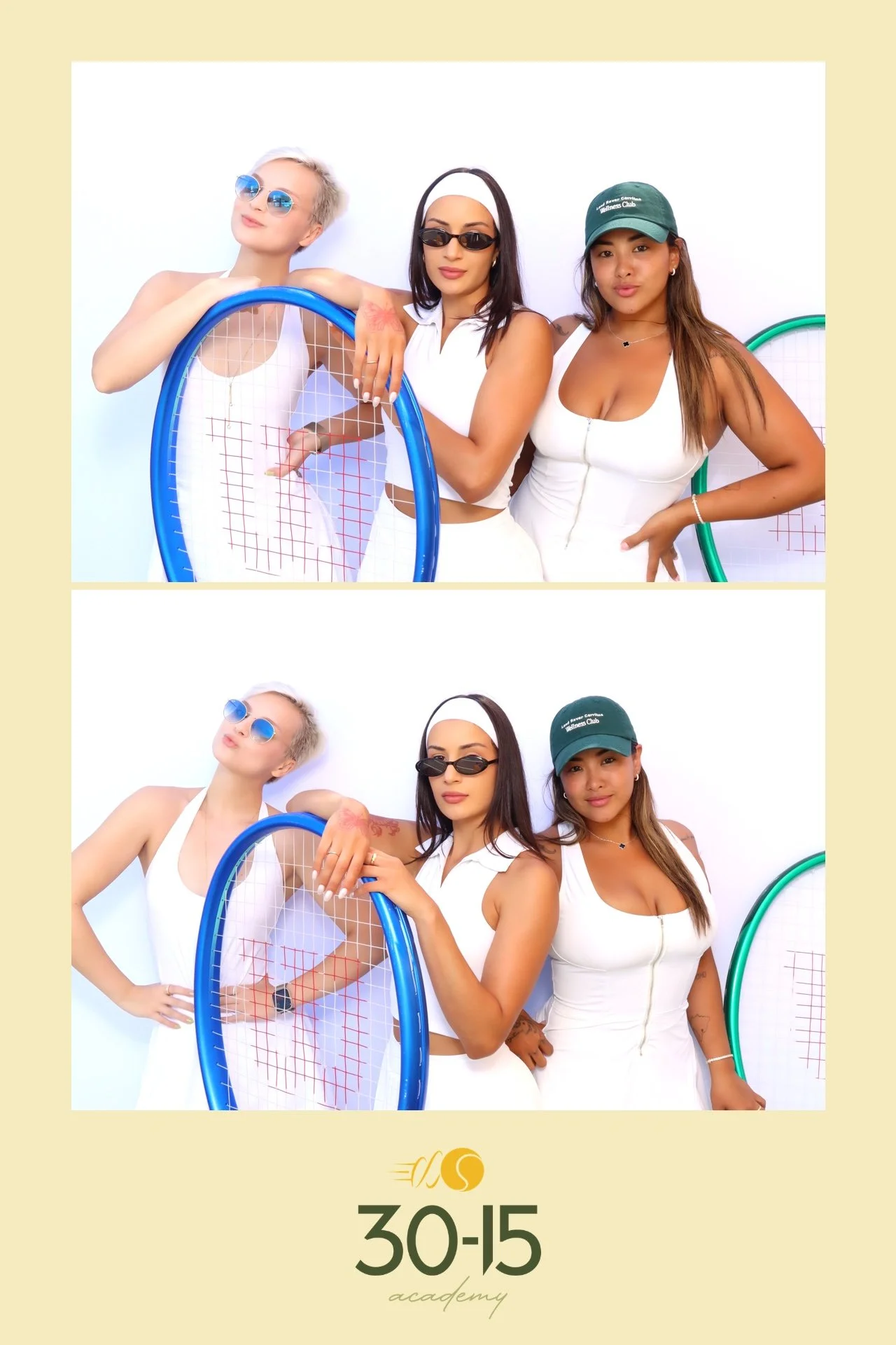 Three women posing for photos in front of a white background, with tennis rackets and a logo that reads "30-15 academy" at the bottom.