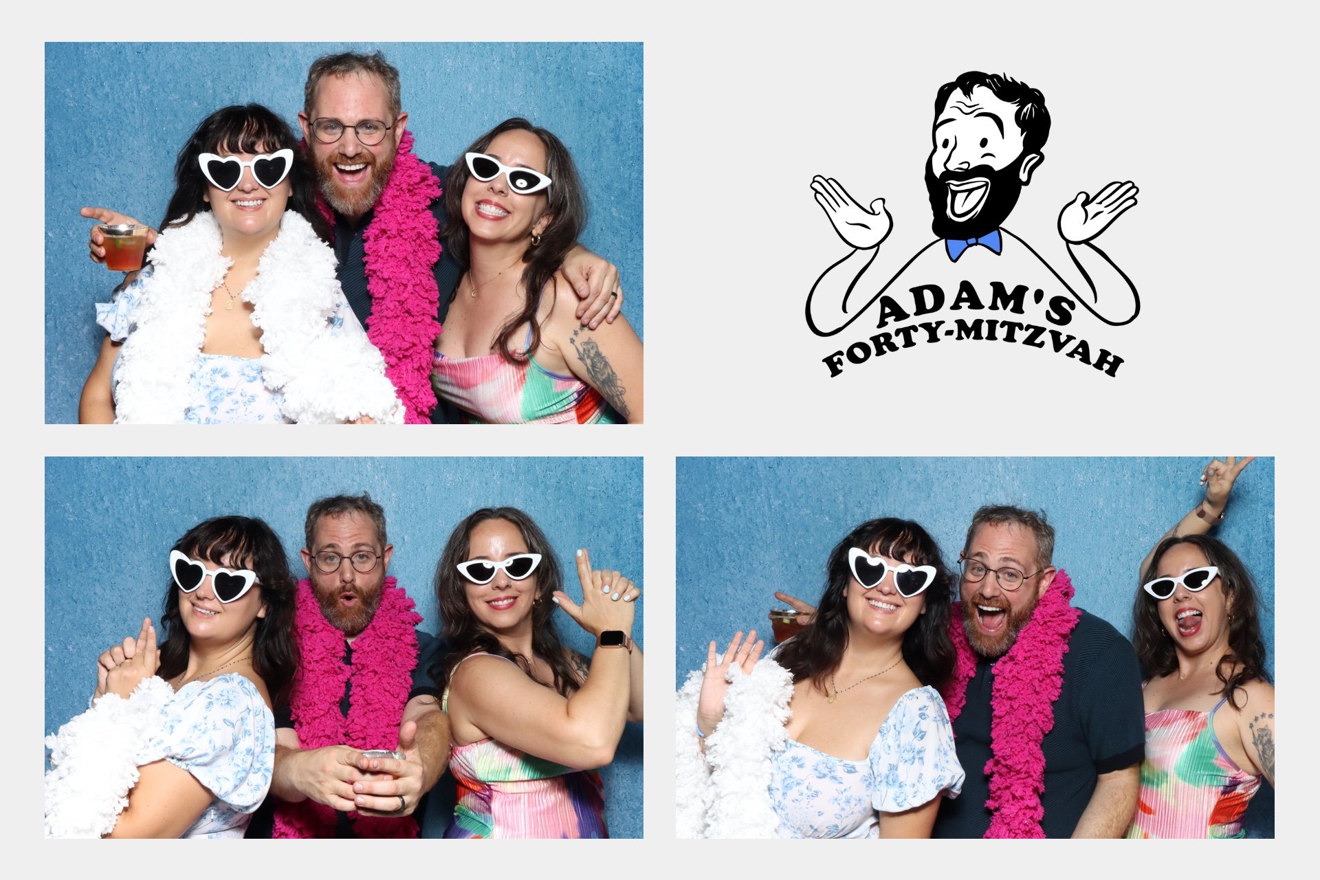 Group of four people, three women and one man, wearing sunglasses with heart-shaped and eye-shaped frames, celebrating at a photo booth with blue background. They are smiling, holding drinks, and wearing colorful accessories and clothing.