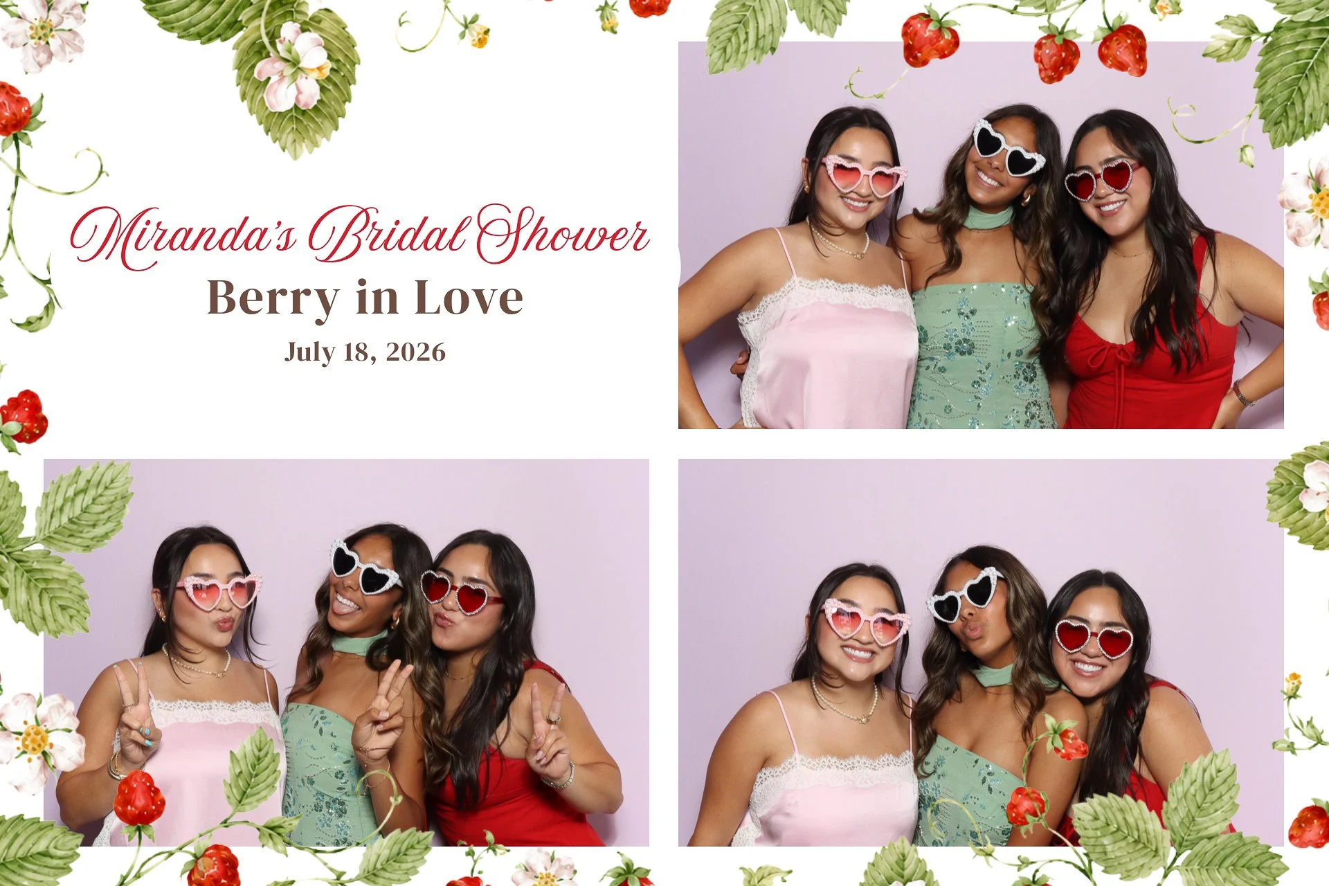 Invitation for Miranda's Bridal Shower titled 'Berry in Love' on July 18, 2026, decorated with strawberries and green leaves. The image features three women wearing colorful dresses and sunglasses, smiling and posing together against a light purple b