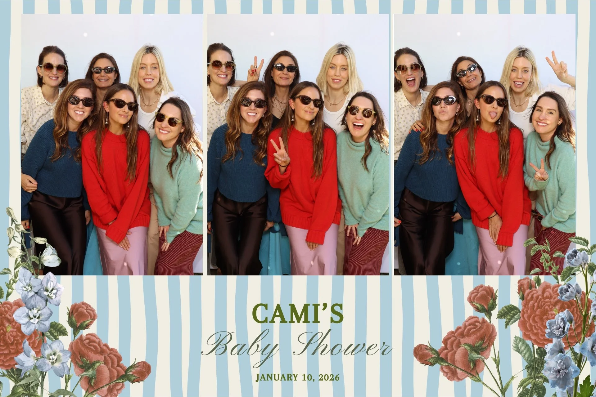 Guests celebrating at a baby shower with a luxury photo booth rental and custom event graphics, 4x6 print.